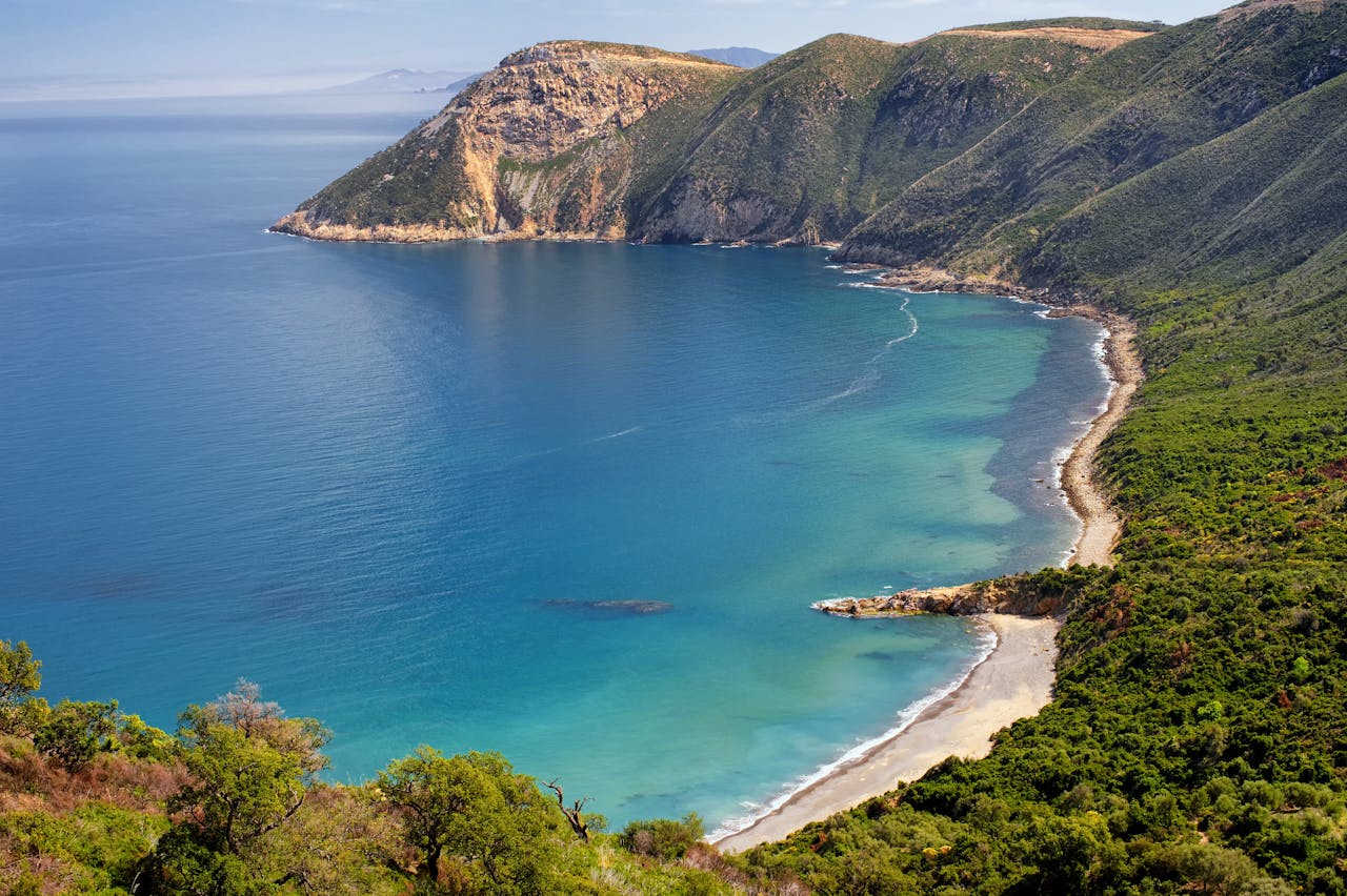 A breathtaking aerial view of Collo Beach in Algeria, showcasing lush greenery and turquoise waters.
